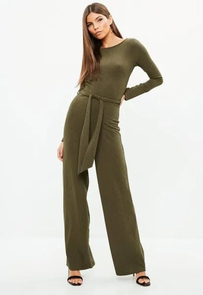 Green Tie Waist Wide Leg Jumpsuit