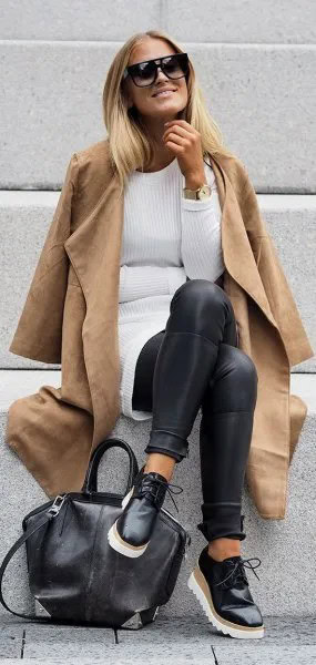 Camel Faux Leather Long Coat with Ribbed Tunic Sweater & Leggings