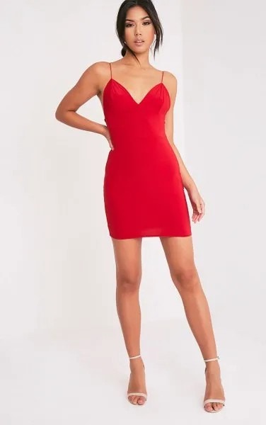 Red Spaghetti Strap Plunge Mini Slip Dress