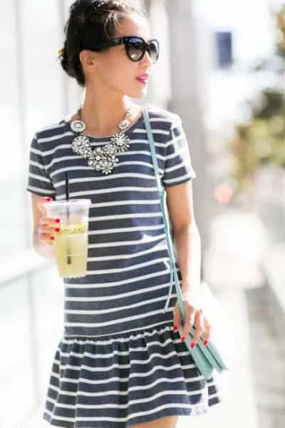 Grey and White Striped Mini Dress with Statement Necklace