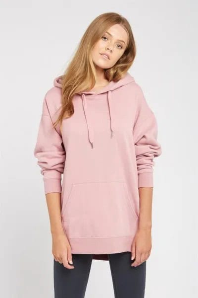 Pale Pink Long Cowl Neck Hoodie with Black Leggings & Sneakers