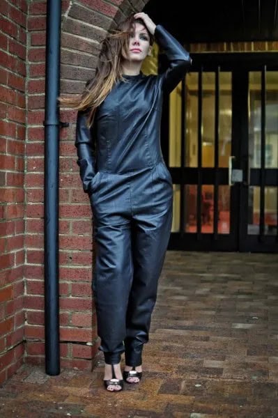 Black Relaxed Fit Leather Jumpsuit