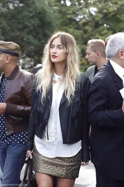 Gold Skirt and Leather Jacket