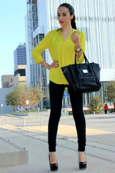 Long Sleeve Yellow Button Up Shirt with Black Skinny Jeans