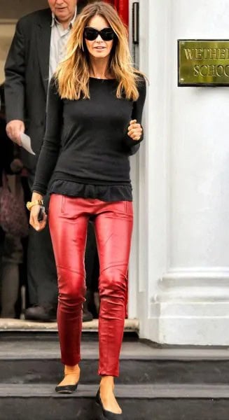 Black Long Sleeve Form Fitting Ruffle Hem Tee with Red Pants