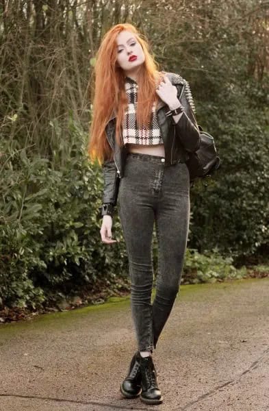 Plaid Top with Short Leather Jacket with Grey High Rise Jeans