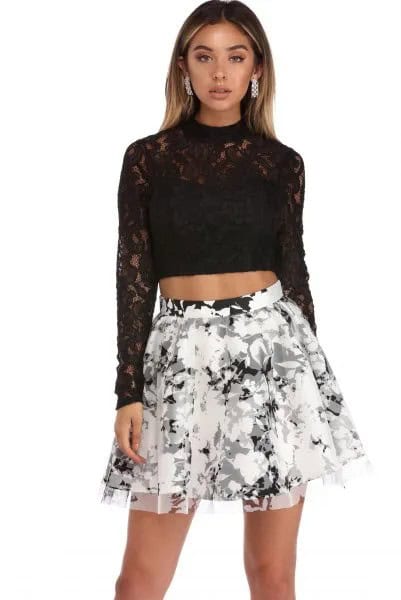 Black Long Sleeve Lace Crop Top with Floral Skater Skirt