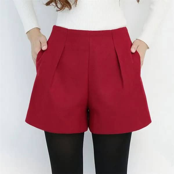 White Ribbed Form Fitting Sweater with Red Pleated Flowy High Waisted Shorts