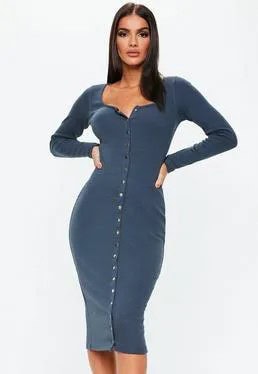 Navy Blue Button Up Bodycon Long Sleeve Dress