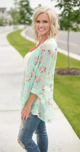 Blush Pink Cardigan with White Vest Top & Ripped Jeans