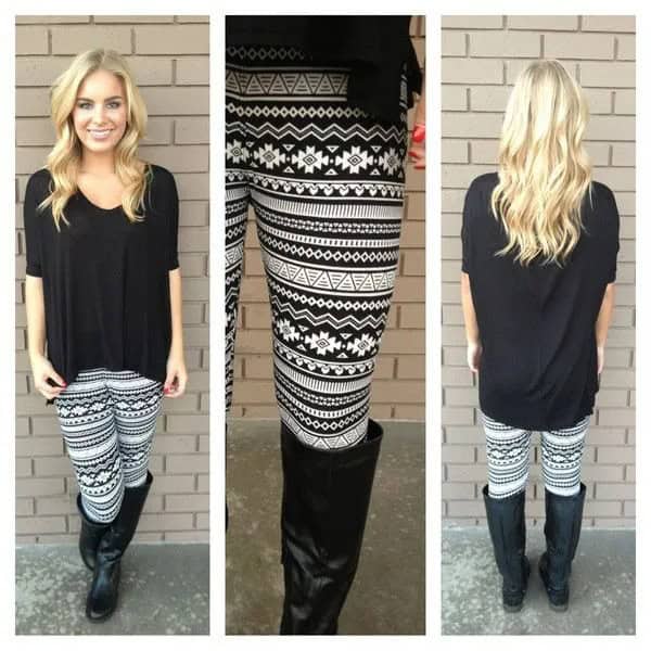 Black Tunic Half Sleeve Blouse with Tribal Printed Leggings