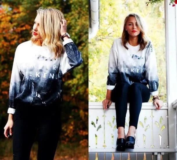 Blue and White Crew Neck Oversized Sweatshirt with Black Leggings