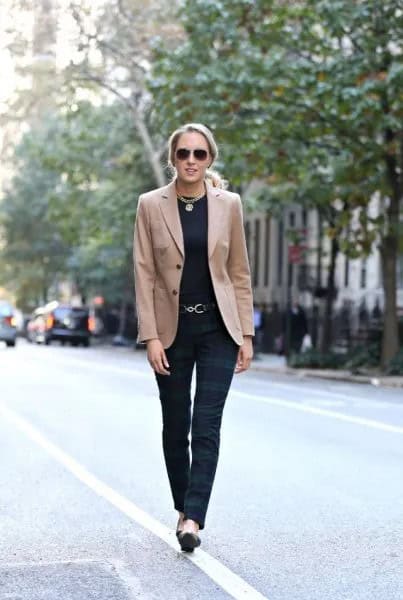 Pale Pink Blazer with Black Crew Neck Tee & Plaid Pants