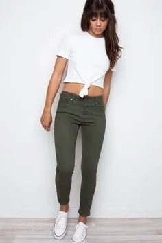 White Knotted Cropped Tee with Green Cuffed Skinny Jeans