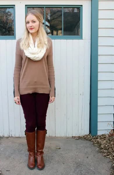 Green Knit Sweater with White Cable Knit Infinity Scarf