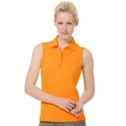 Bright Orange Sleeveless Polo Shirt with Grey Striped Pants