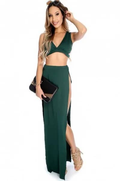 Green Deep V Neck Two-Piece Side Slit Maxi Dress