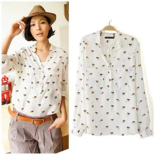 White Cute Animal Printed Collarless Shirt with Straw Hat