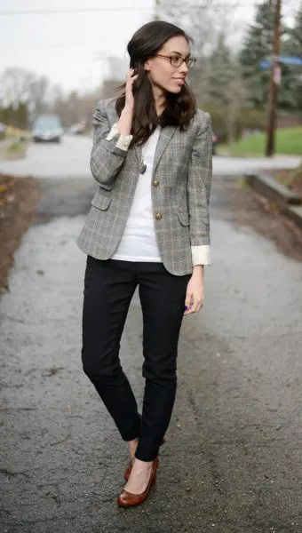 Tweed Blazer with Black Skinny Dress Pants