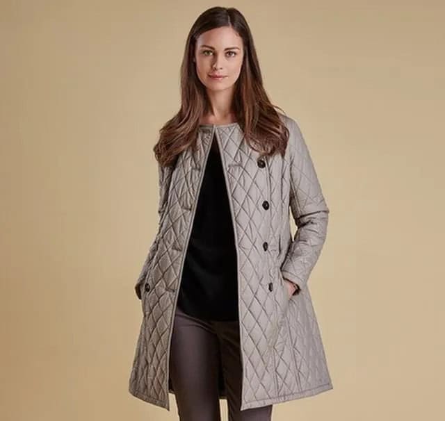 Grey Long Quilted Jacket with Black Sweater