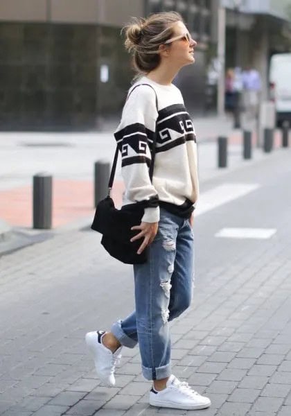 White and Black Tribal Printed Chunky Sweater with Cuffed Boyfriend Jeans