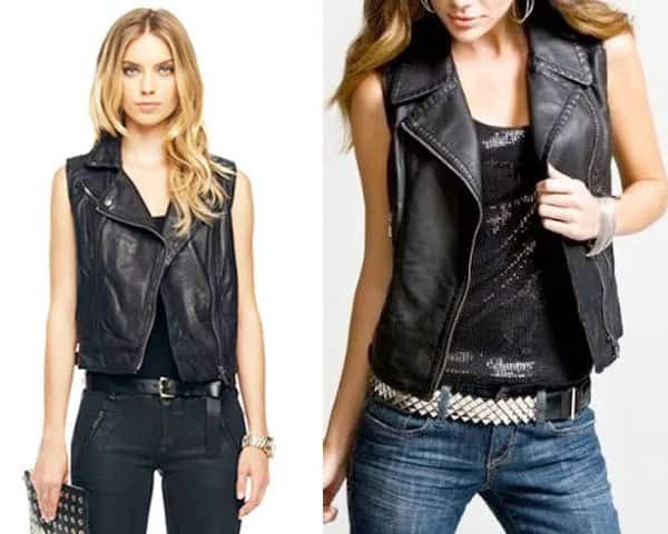 Black Motorcycle Leather Vest with Scoop Neck Tank Top & Slim Fit Jeans