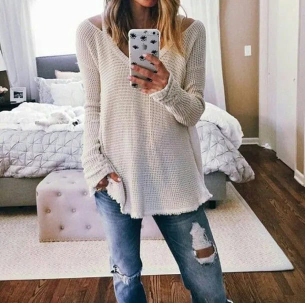 White Boat V-Neck Ripped Sweater with Boyfriend Jeans