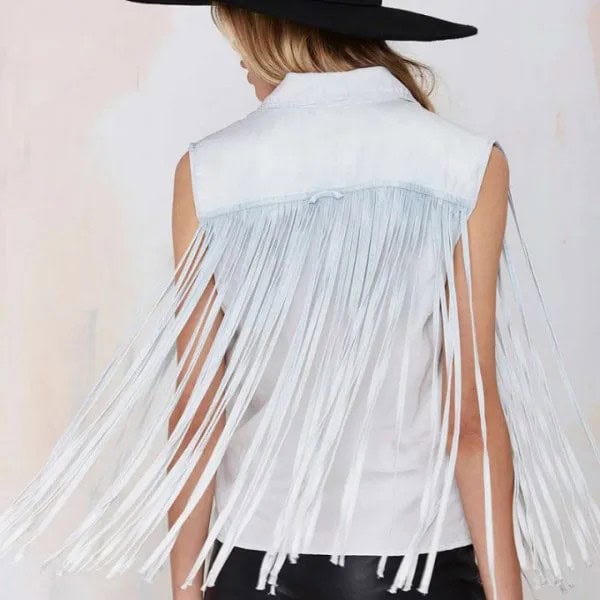 White Sleeveless Fringe Shirt with Black Felt Hat