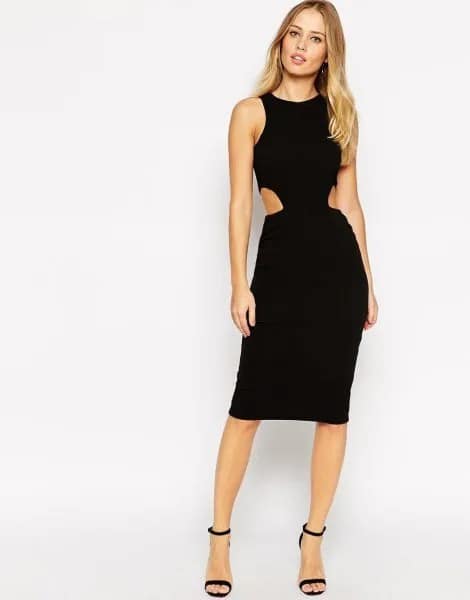 Black Side Cut Out Knee Length Dress with Ankle Strap Heels