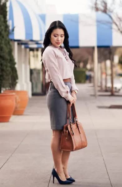 Light Grey Shirt with Grey Pencil Skirt