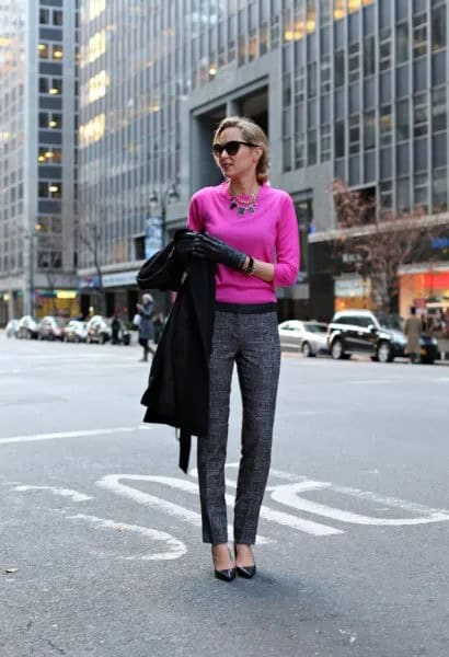 Neon Pink Sweater with Grey Tweed Pants