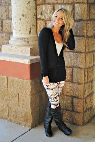 Black Knit Cardigan with Leggings & Knee High Leather Boots