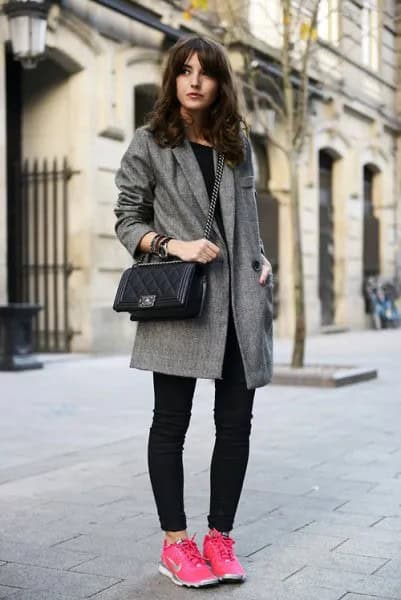 Grey Tweed Longline Blazer with Dark Skinny Jeans & Pink Walking Tennis Shoes