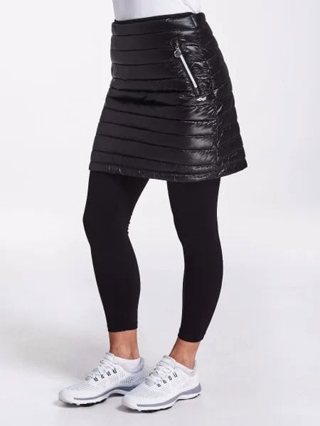 Black Mini Down Skirt with Leggings & White Sneakers