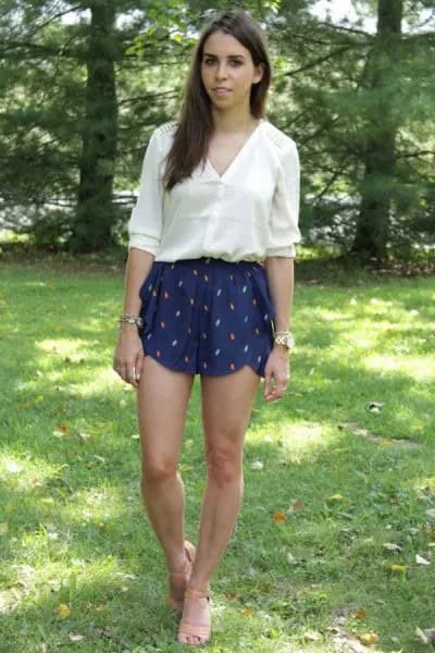 Pale Yellow Half Sleeve Shirt with Navy Flowy Silk Shorts