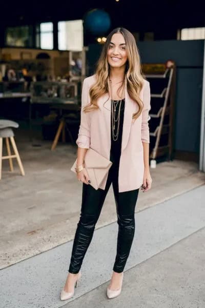 Blush Pink Thin Blazer with Black Leather Leggings