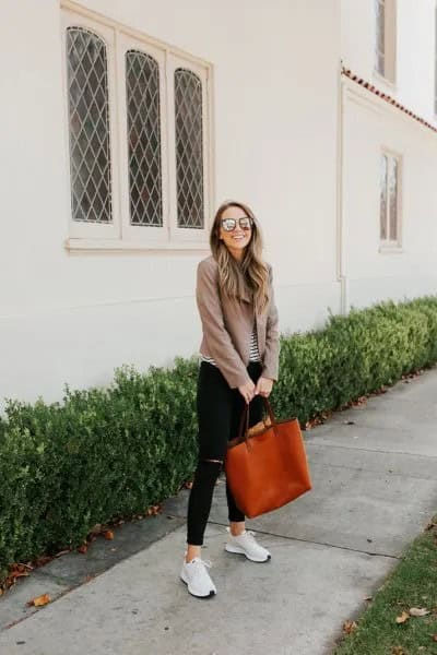 Grey Blazer with Striped T Shirt & Black Cropped Jeans