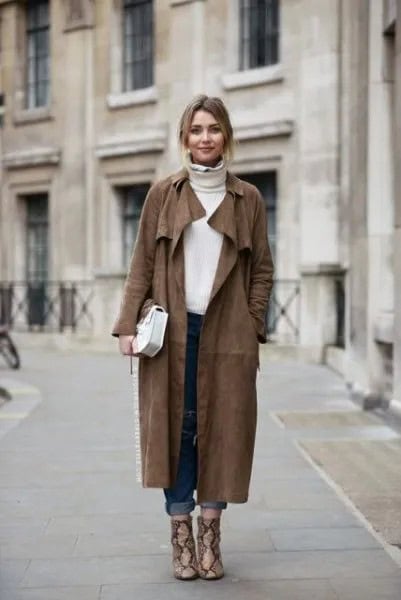 Dark Grey Maxi Suede Coat with White Turtleneck Sweater