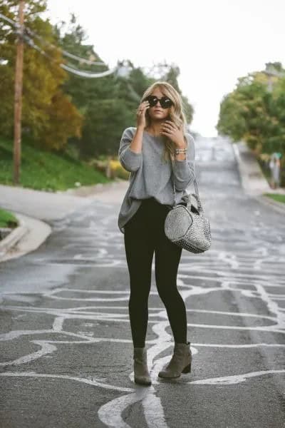 Grey Sweatshirt with Black Skinny Jeans & Ankle Boots