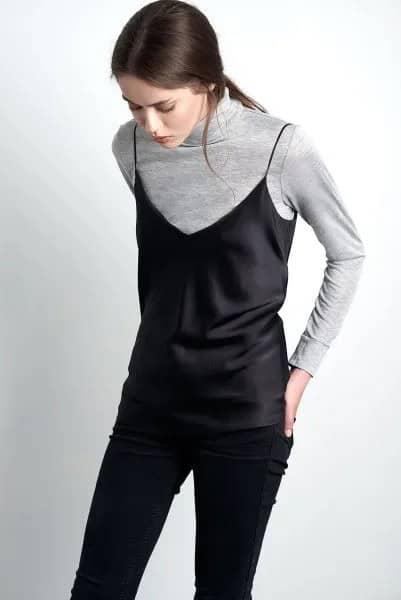 Black Camisole Over Grey Turtleneck Sweater