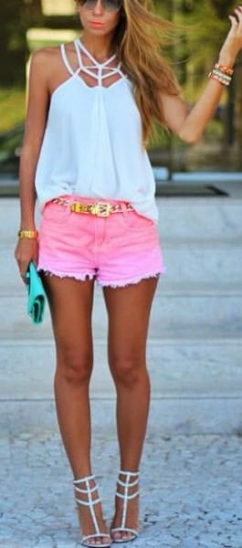 White Halter Top with Pink Mini Shorts