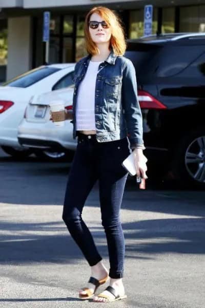 Blue Denim Jacket with White Cropped Tee & Dark Jeans