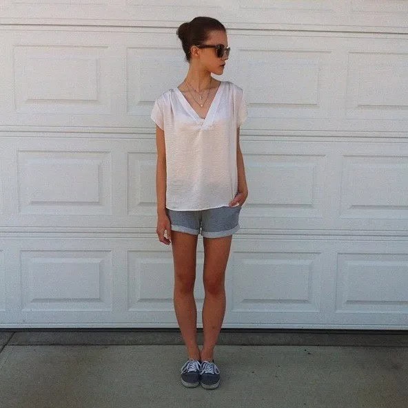 White Oversized  V Neck Tee with Grey Cuffed Jogger Shorts