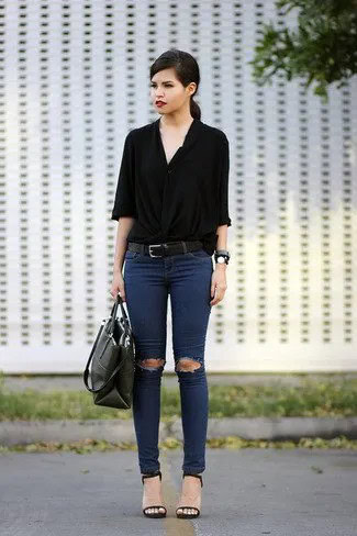 Black Half Sleeve Button Down Shirt with Ripped Dark Blue Skinny Jeans