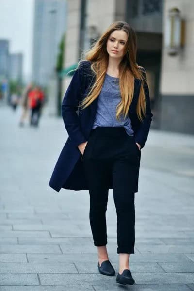 Grey Scoop Neck T Shirt with Navy Blue Long Wool Coat & Black Leather Loafers