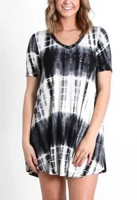 Short Sleeve Black and White Tie Dye Swing Mini Dress