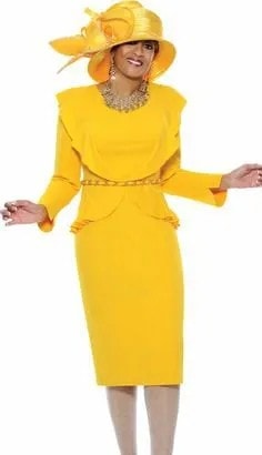 Lemon Yellow Church Suit with Midi Skirt & Golden Hat