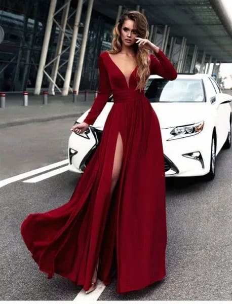 Red Silk Deep V Neck Long Sleeve Flowy Dress