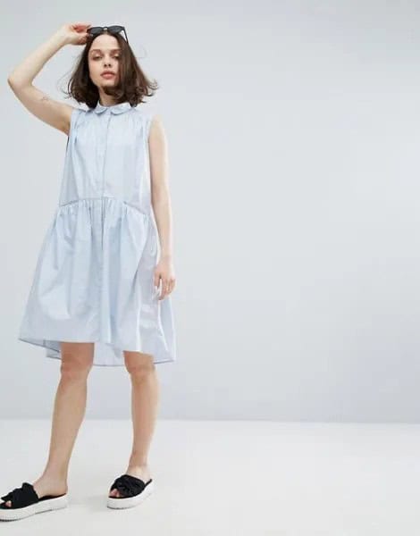 White Babydoll Round Collar Sleeveless Shirt Dress