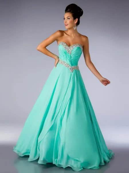 Mint Green Fit and Flare Strapless Maxi Chiffon Dress